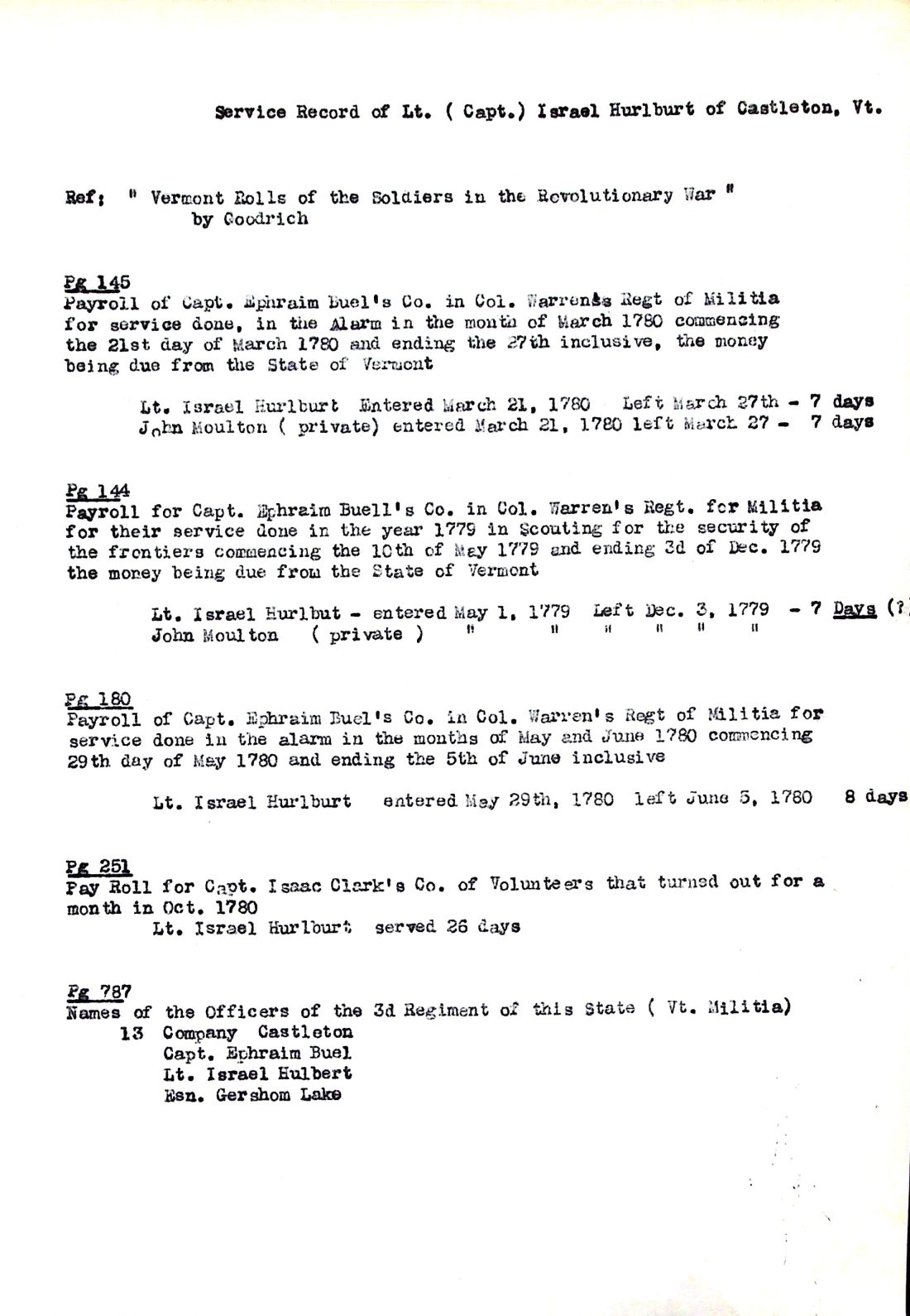 HURLBUT, Capt. Israel (b. 1740 Conn. d. 1813 Castleton) service record